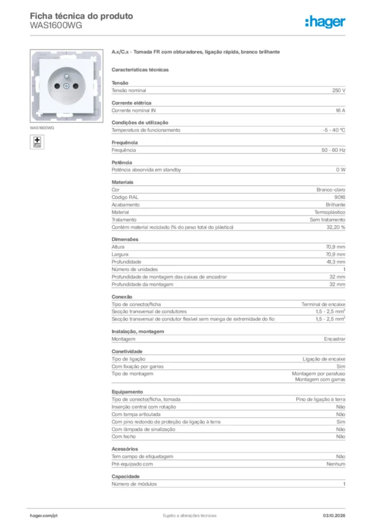 Imagem Hager Ficha técnica do produto WAS1600WG | Hager Portugal