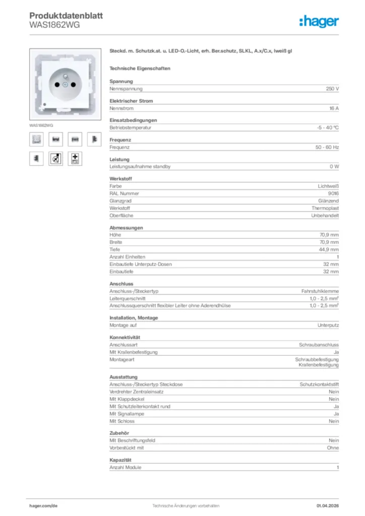Bild Hager Produktdatenblatt WAS1862WG | Hager Deutschland