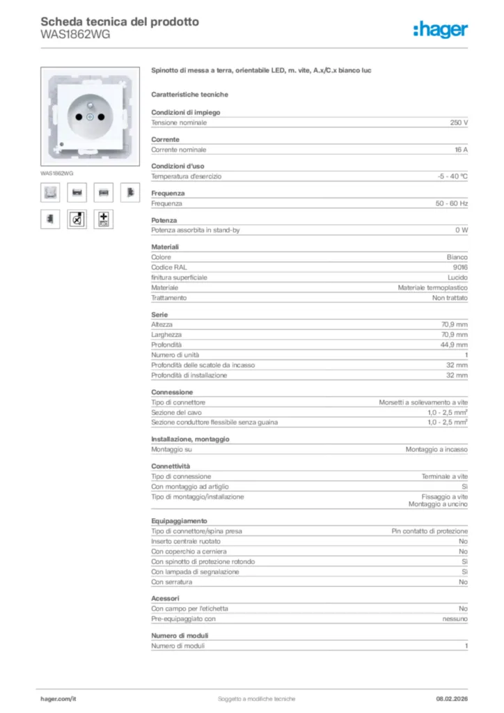Immagine Hager Scheda tecnica del prodotto WAS1862WG | Hager Italia