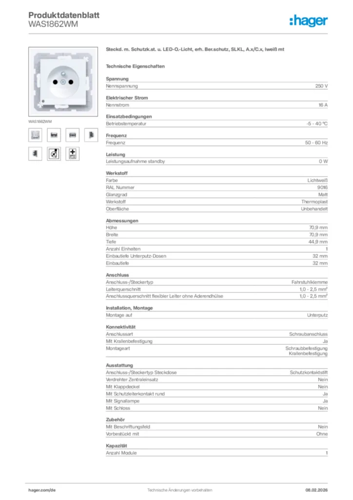 Bild Hager Produktdatenblatt WAS1862WM | Hager Deutschland