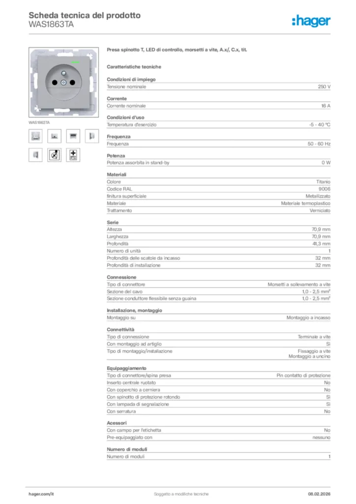 Immagine Hager Scheda tecnica del prodotto WAS1863TA | Hager Italia