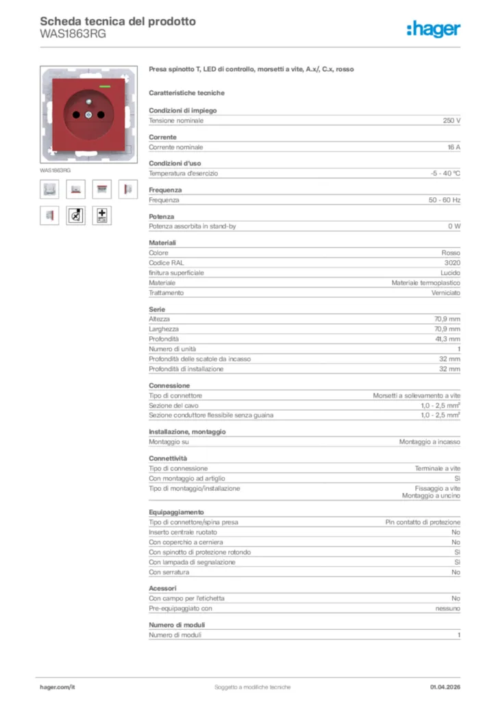 Immagine Hager Scheda tecnica del prodotto WAS1863RG | Hager Italia