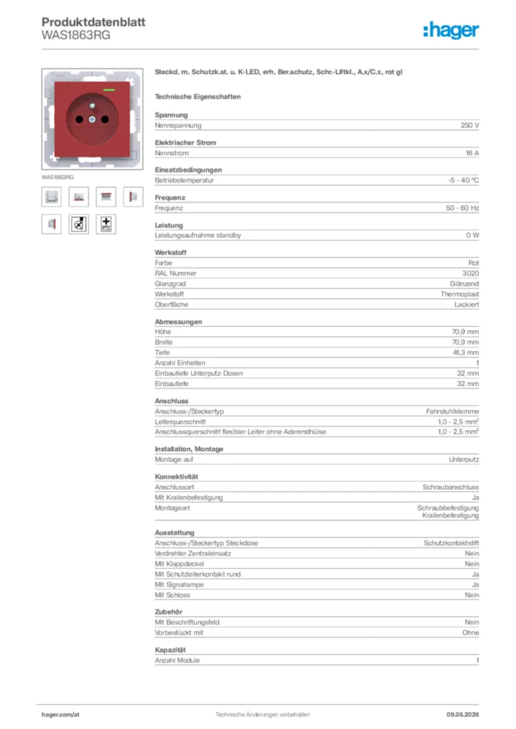 Bild Hager Produktdatenblatt WAS1863RG | Hager Deutschland