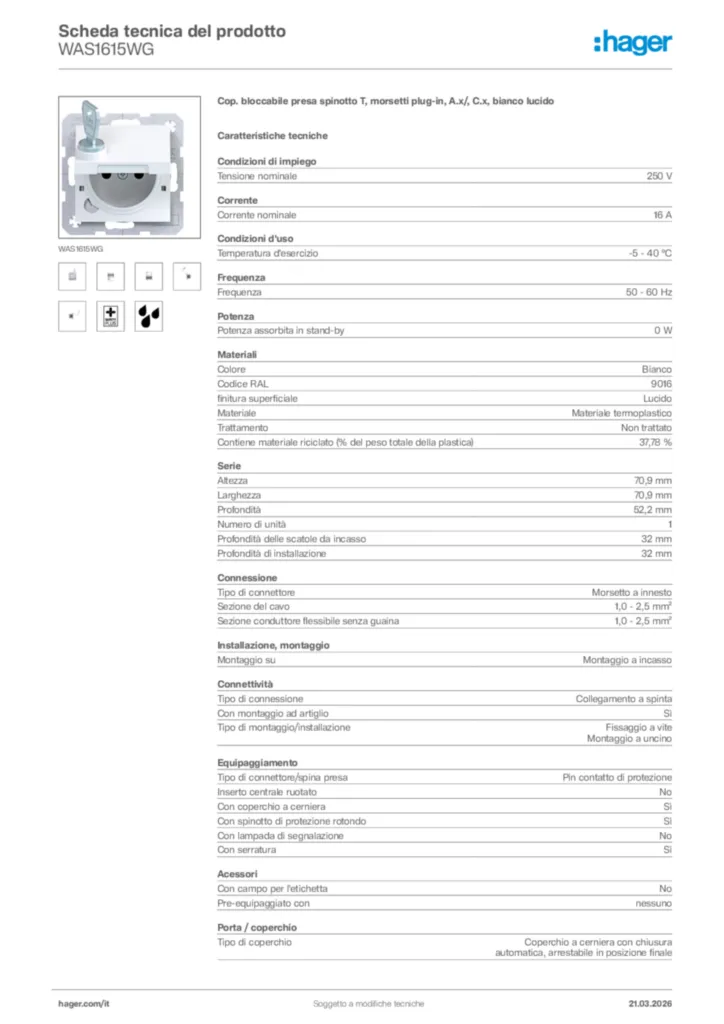 Immagine Hager Scheda tecnica del prodotto WAS1615WG | Hager Italia