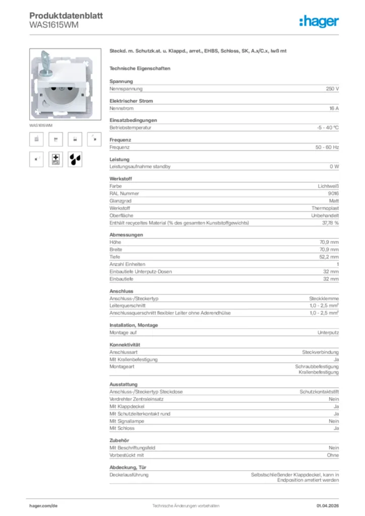 Bild Hager Produktdatenblatt WAS1615WM | Hager Deutschland