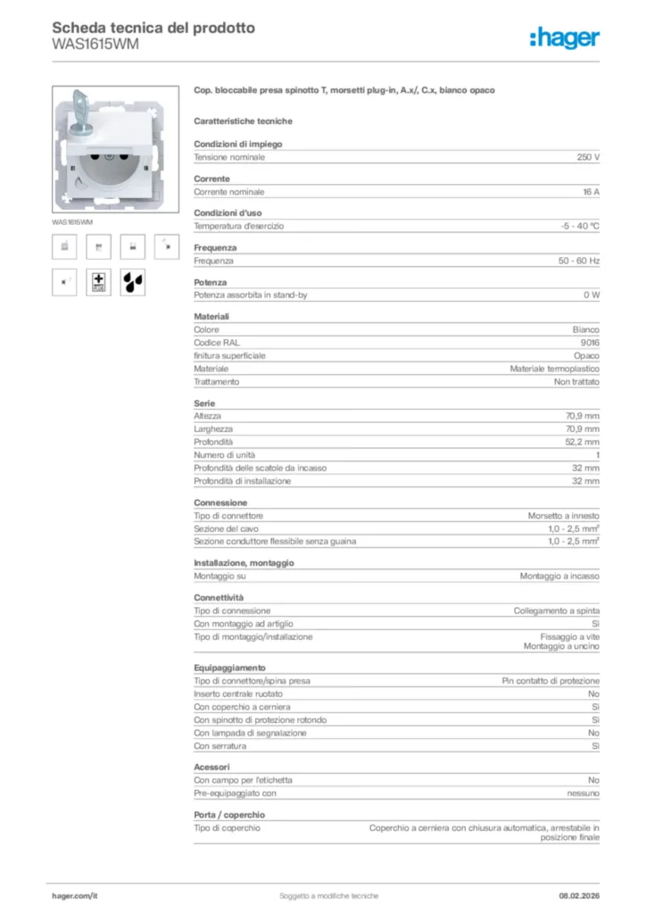 Immagine Hager Scheda tecnica del prodotto WAS1615WM | Hager Italia