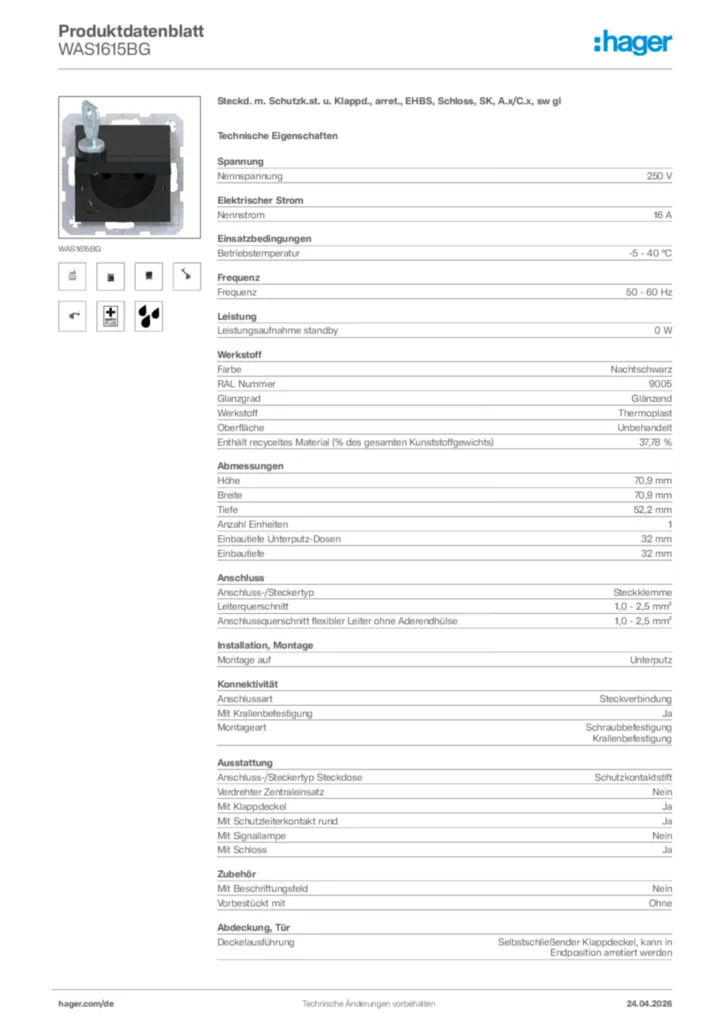 Bild Hager Produktdatenblatt WAS1615BG | Hager Deutschland