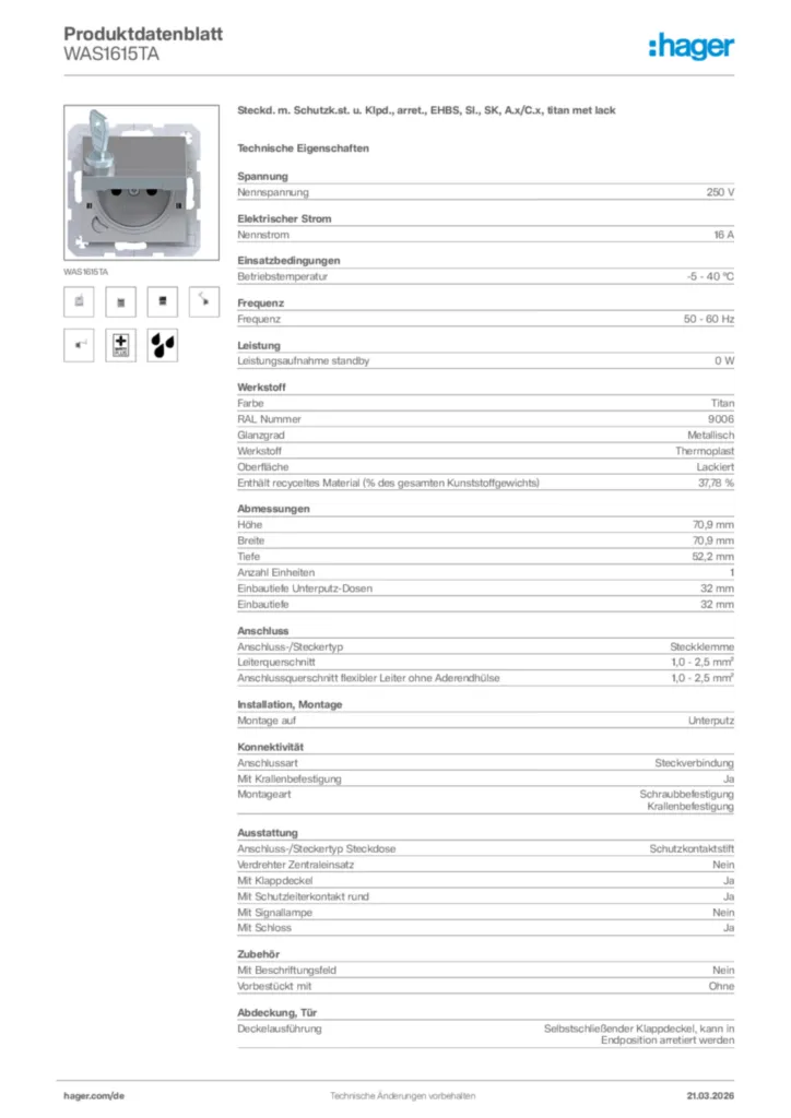 Bild Hager Produktdatenblatt WAS1615TA | Hager Deutschland