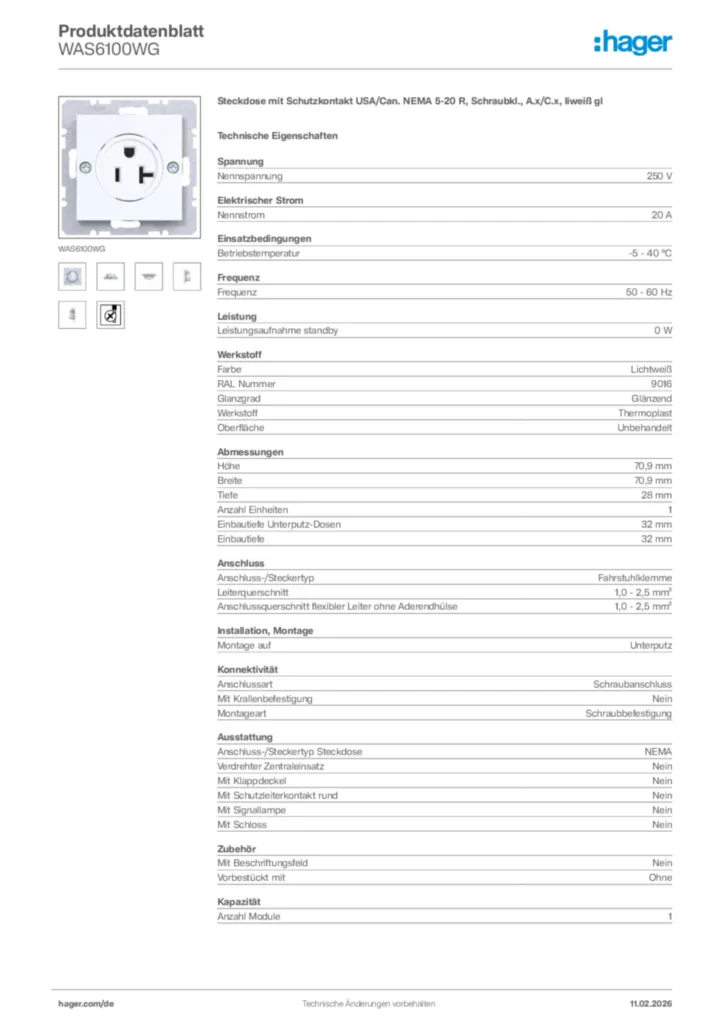 Bild Hager Produktdatenblatt WAS6100WG | Hager Deutschland