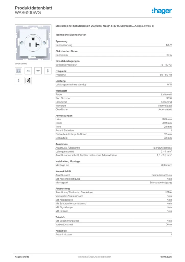 Bild Hager Produktdatenblatt WAS6100WG | Hager Deutschland