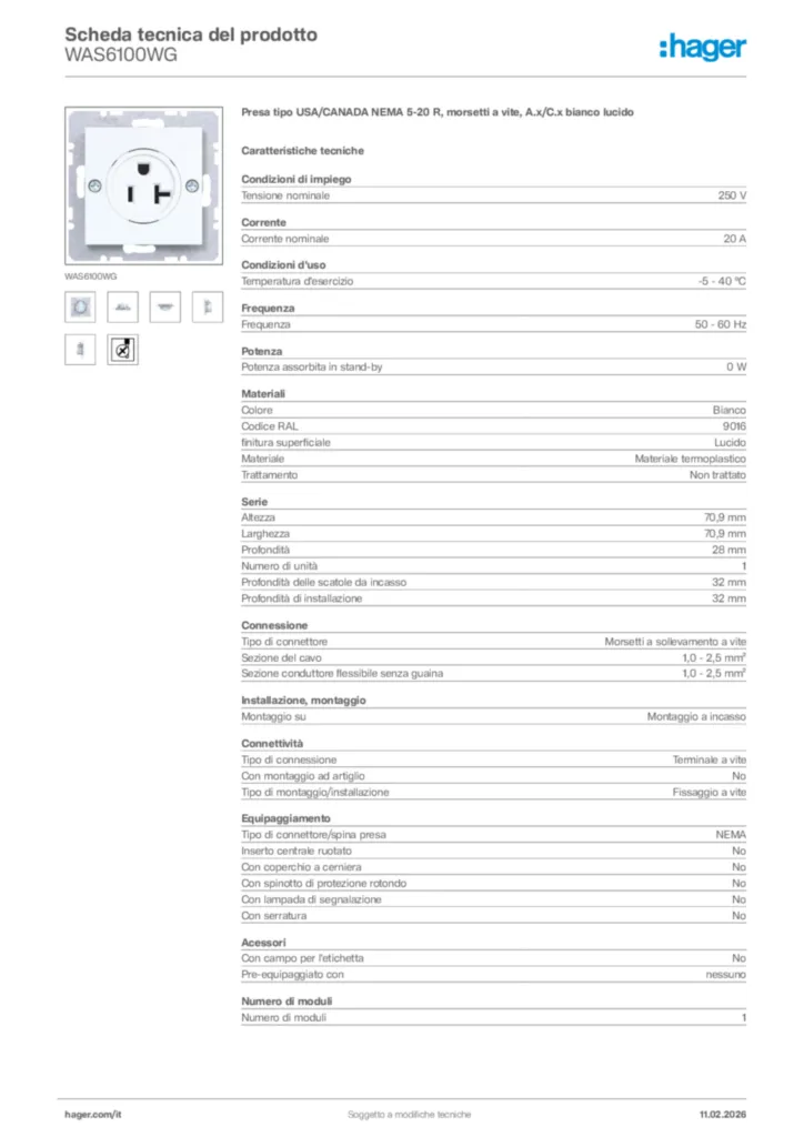 Immagine Hager Scheda tecnica del prodotto WAS6100WG | Hager Italia
