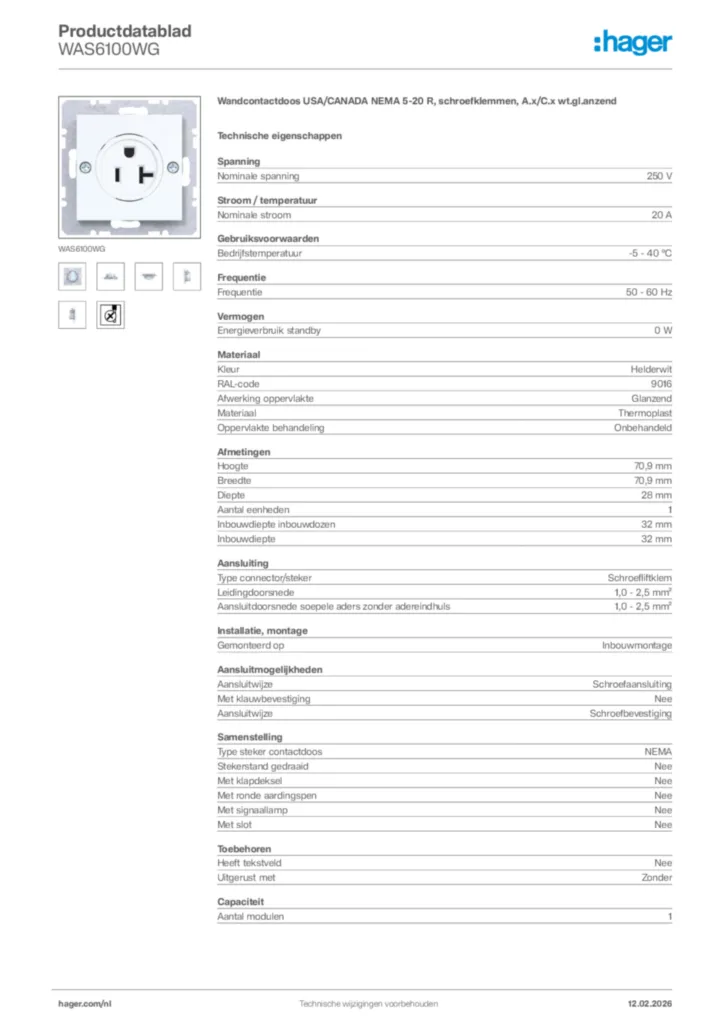 Afbeelding Hager Productdatablad WAS6100WG | Hager Nederland
