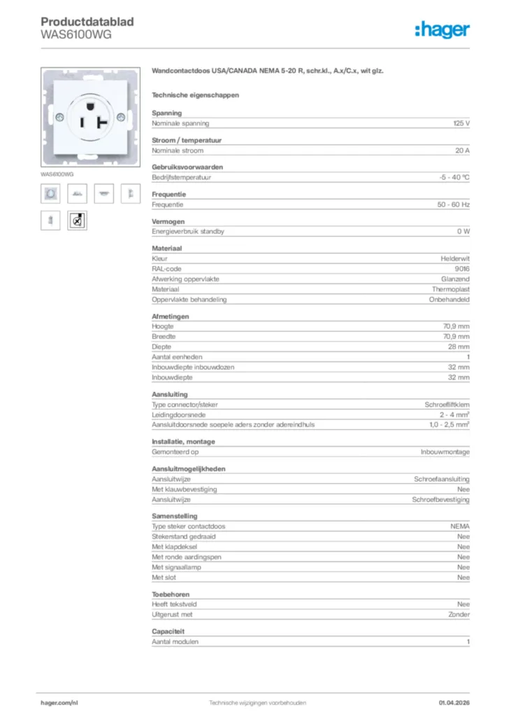 Afbeelding Hager Productdatablad WAS6100WG | Hager Nederland