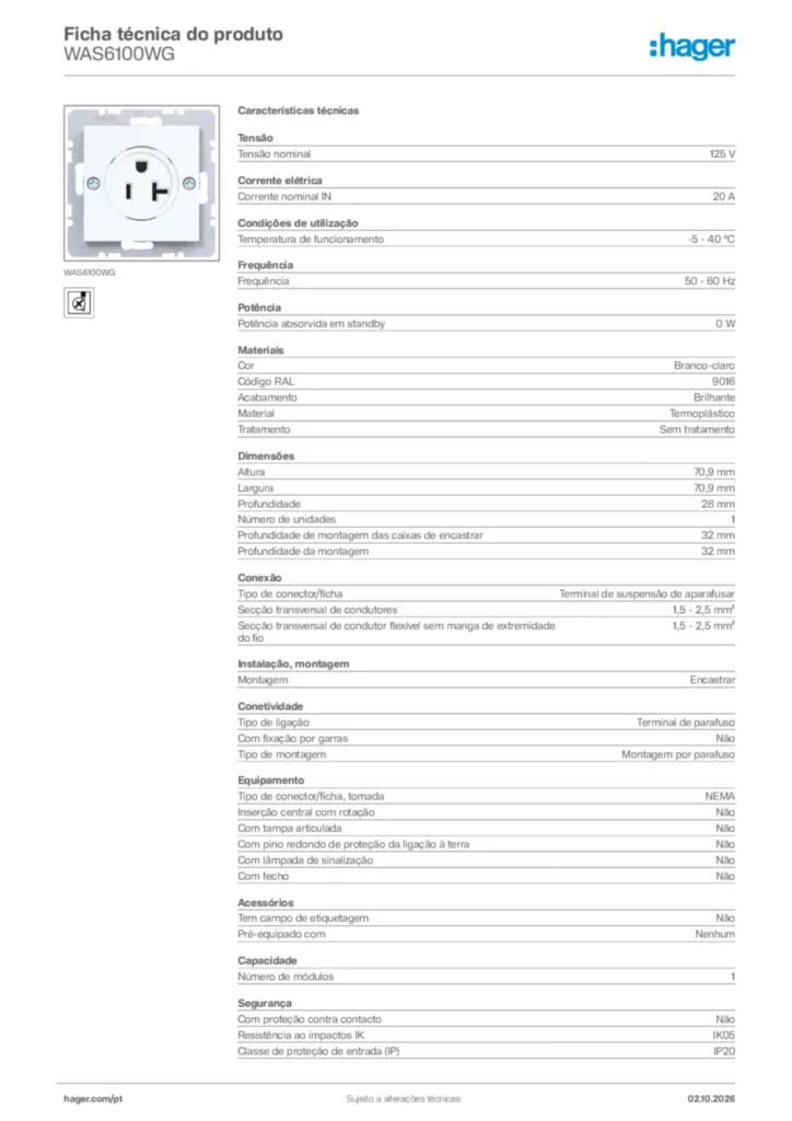 Imagem Hager Ficha técnica do produto WAS6100WG | Hager Portugal