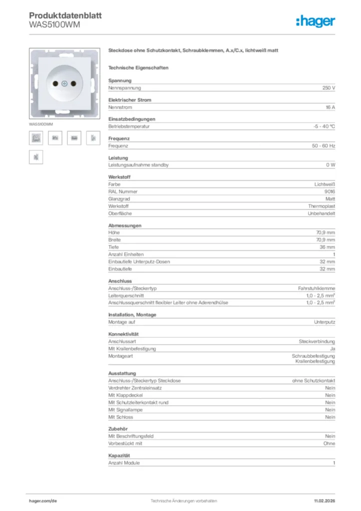 Bild Hager Produktdatenblatt WAS5100WM | Hager Deutschland