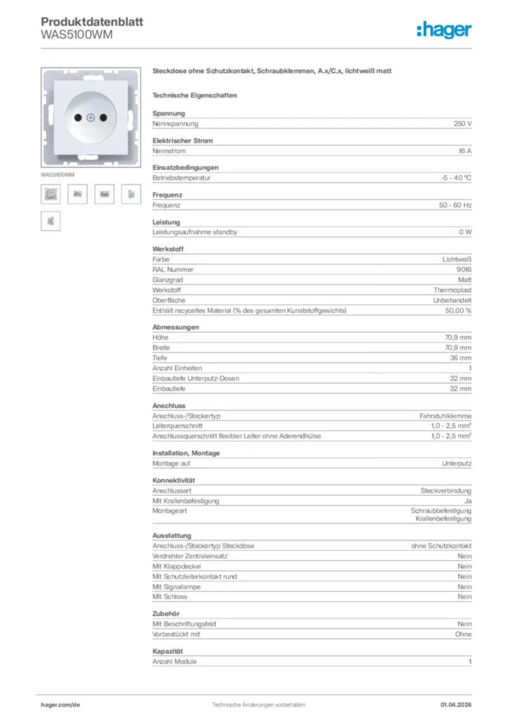 Bild Hager Produktdatenblatt WAS5100WM | Hager Deutschland