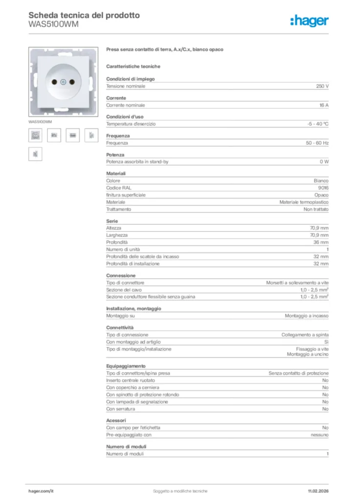 Immagine Hager Scheda tecnica del prodotto WAS5100WM | Hager Italia
