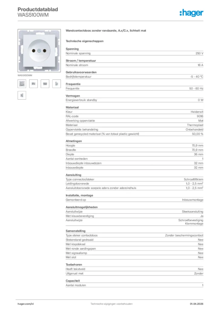 Afbeelding Hager Productdatablad WAS5100WM | Hager Nederland