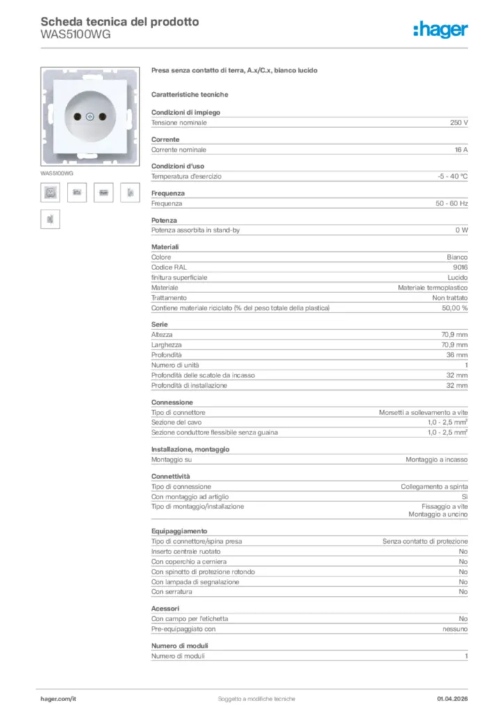 Immagine Hager Scheda tecnica del prodotto WAS5100WG | Hager Italia