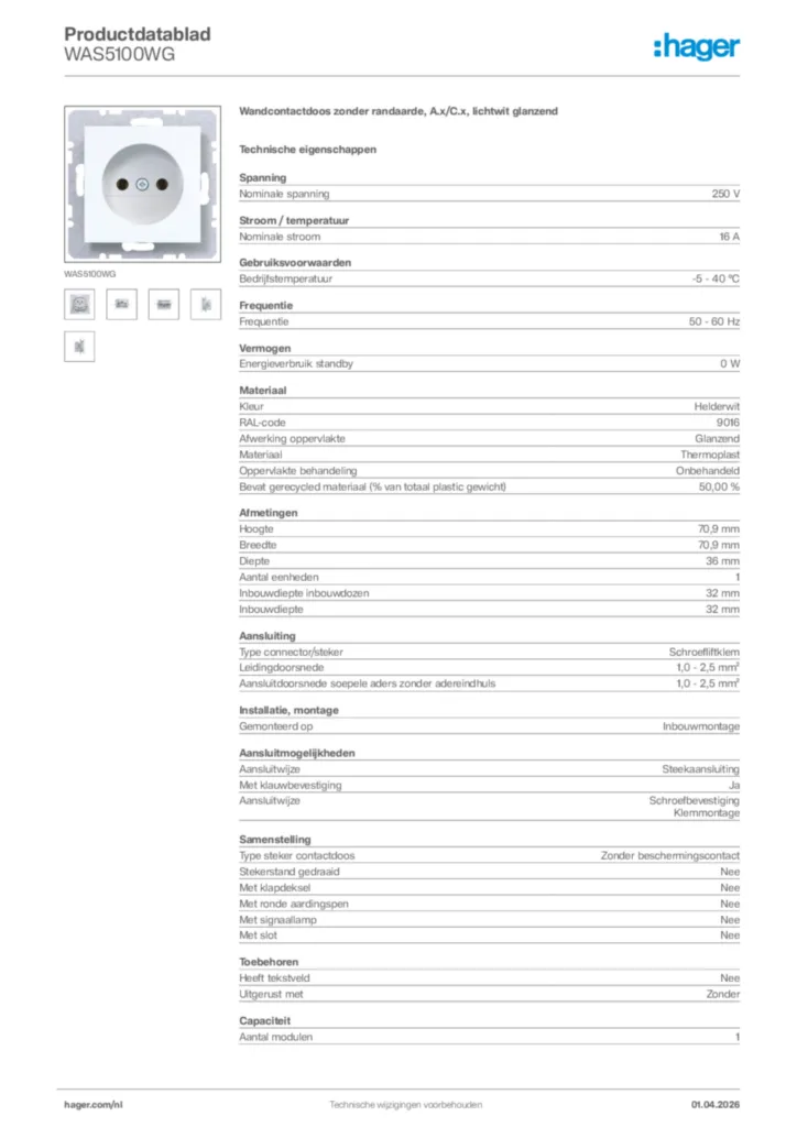 Afbeelding Hager Productdatablad WAS5100WG | Hager Nederland