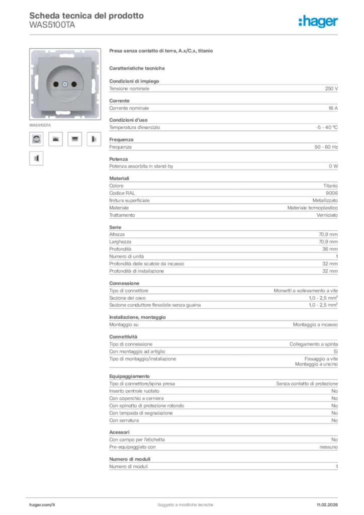 Immagine Hager Scheda tecnica del prodotto WAS5100TA | Hager Italia