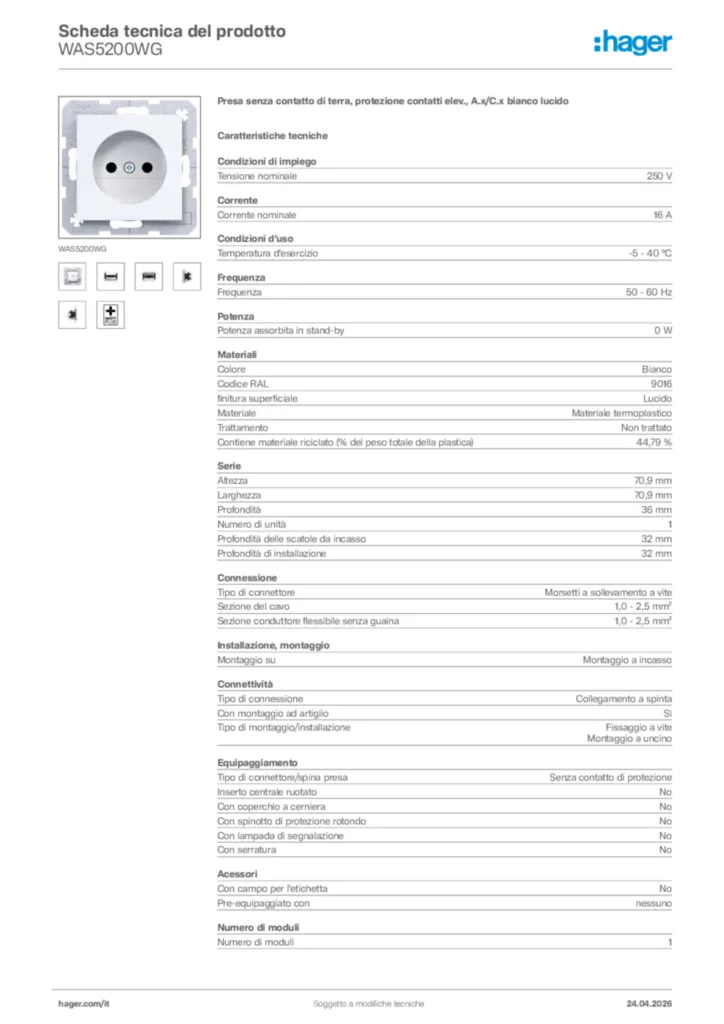 Immagine Hager Scheda tecnica del prodotto WAS5200WG | Hager Italia