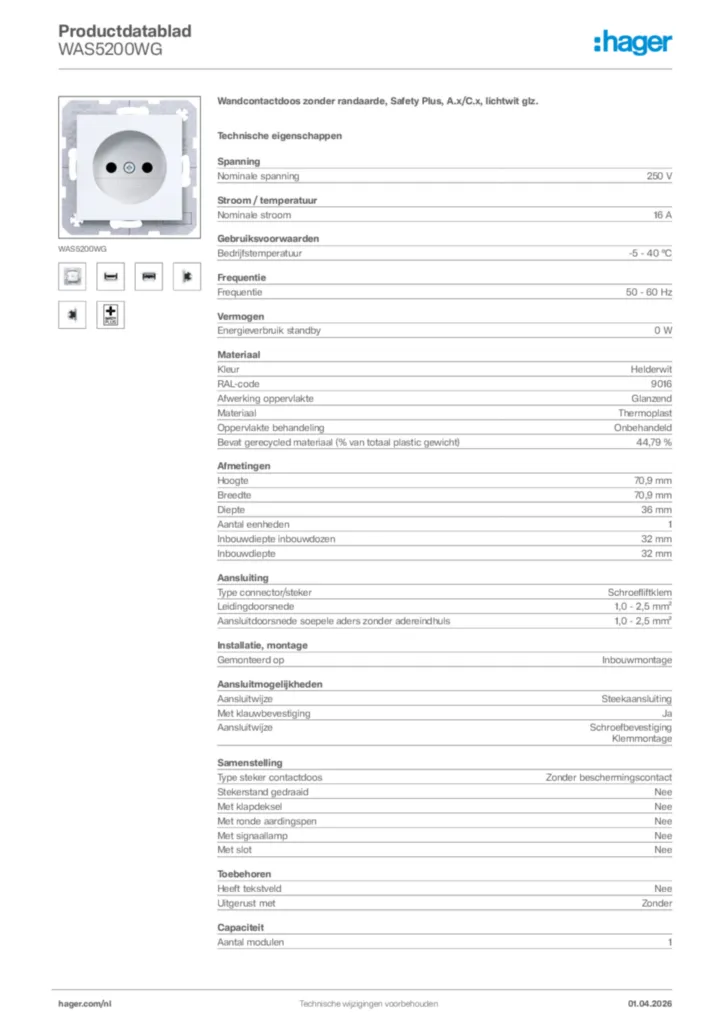 Afbeelding Hager Productdatablad WAS5200WG | Hager Nederland
