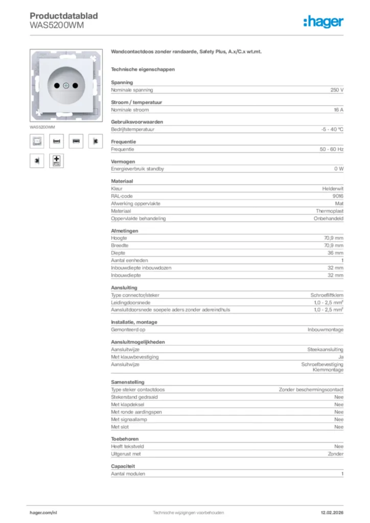 Afbeelding Hager Productdatablad WAS5200WM | Hager Nederland