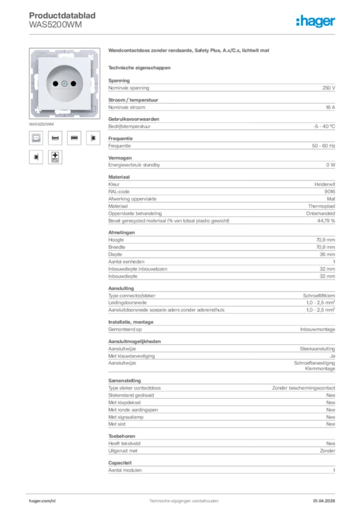 Afbeelding Hager Productdatablad WAS5200WM | Hager Nederland