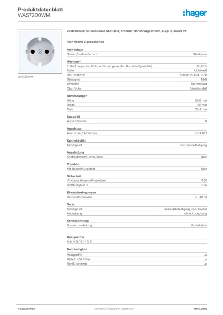 Bild Hager Produktdatenblatt WAS7200WM | Hager Deutschland