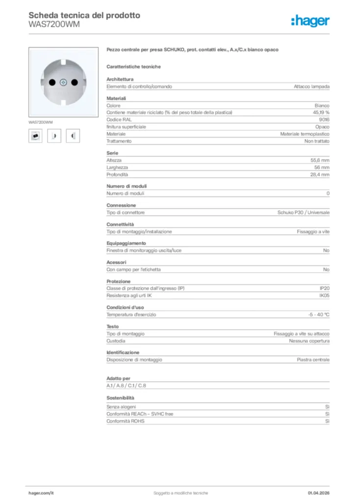 Immagine Hager Scheda tecnica del prodotto WAS7200WM | Hager Italia