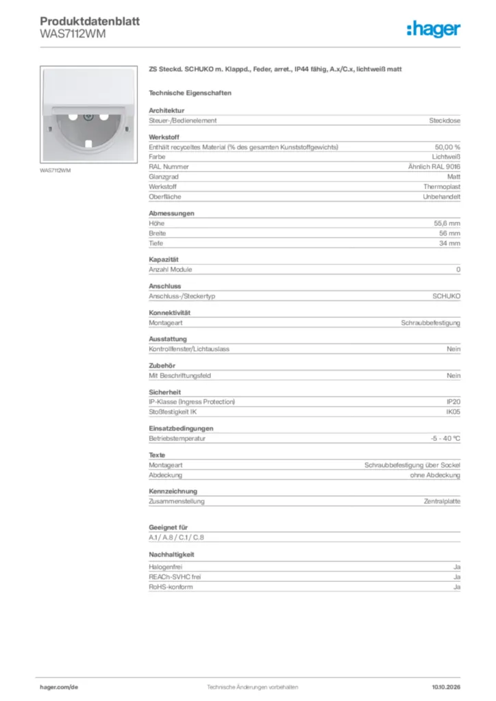 Bild Hager Produktdatenblatt WAS7112WM | Hager Deutschland
