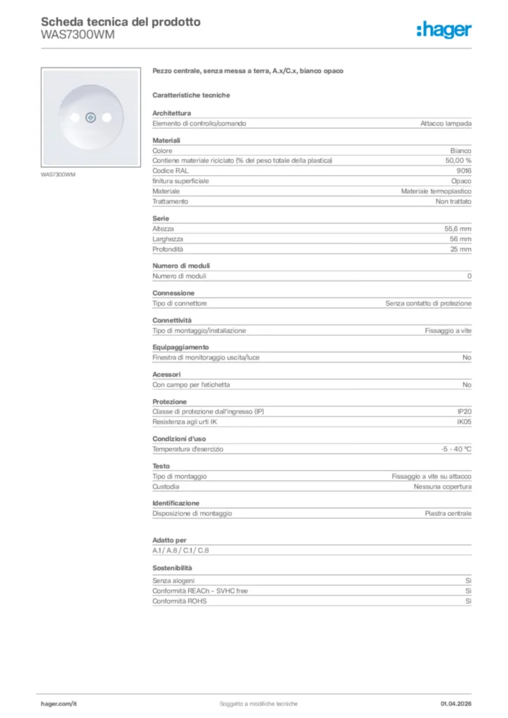 Immagine Hager Scheda tecnica del prodotto WAS7300WM | Hager Italia