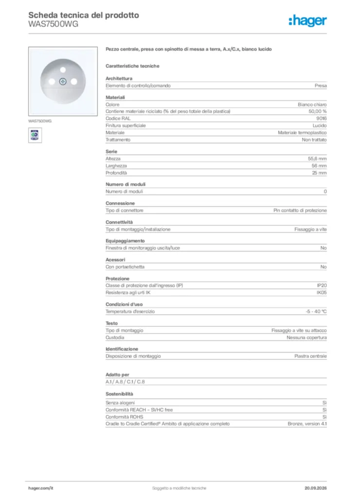Immagine Hager Scheda tecnica del prodotto WAS7500WG | Hager Italia