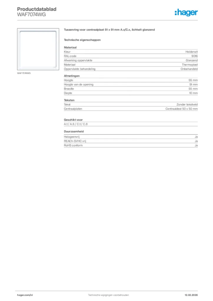 Afbeelding Hager Productdatablad WAF7074WG | Hager Nederland