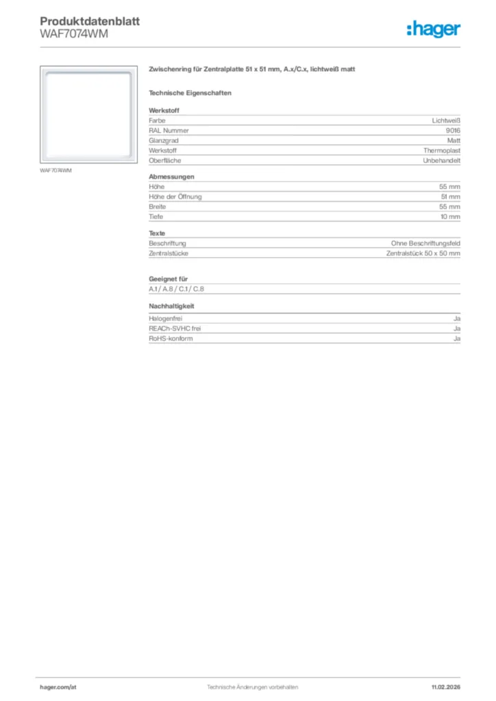 Bild Hager Produktdatenblatt WAF7074WM | Hager Deutschland