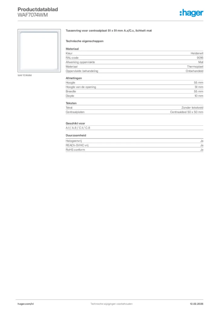 Afbeelding Hager Productdatablad WAF7074WM | Hager Nederland