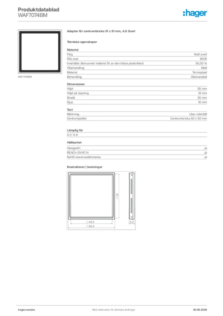 Bild Hager Produktdatablad WAF7074BM | Hager Sverige