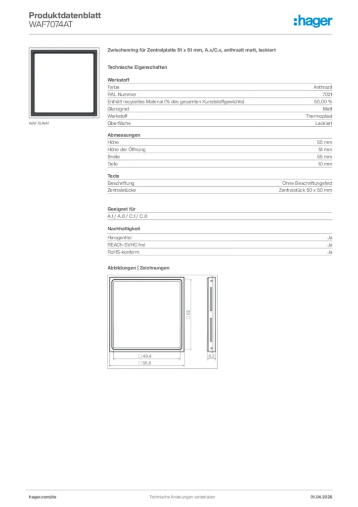 Bild Hager Produktdatenblatt WAF7074AT | Hager Deutschland