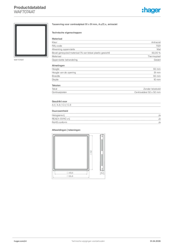 Afbeelding Hager Productdatablad WAF7074AT | Hager Nederland