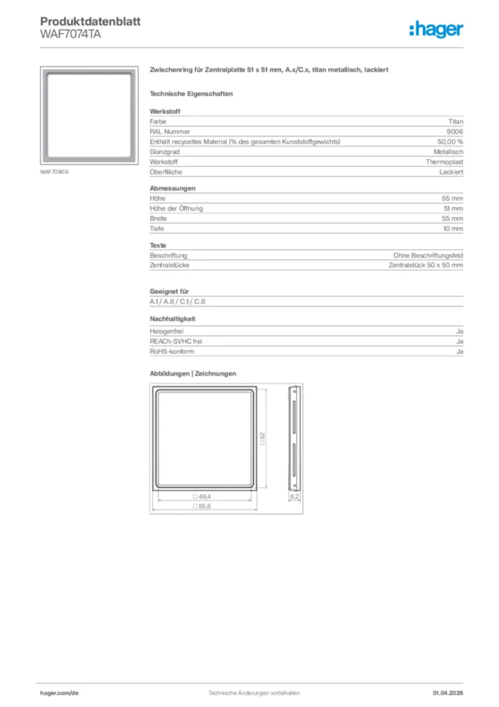 Bild Hager Produktdatenblatt WAF7074TA | Hager Deutschland