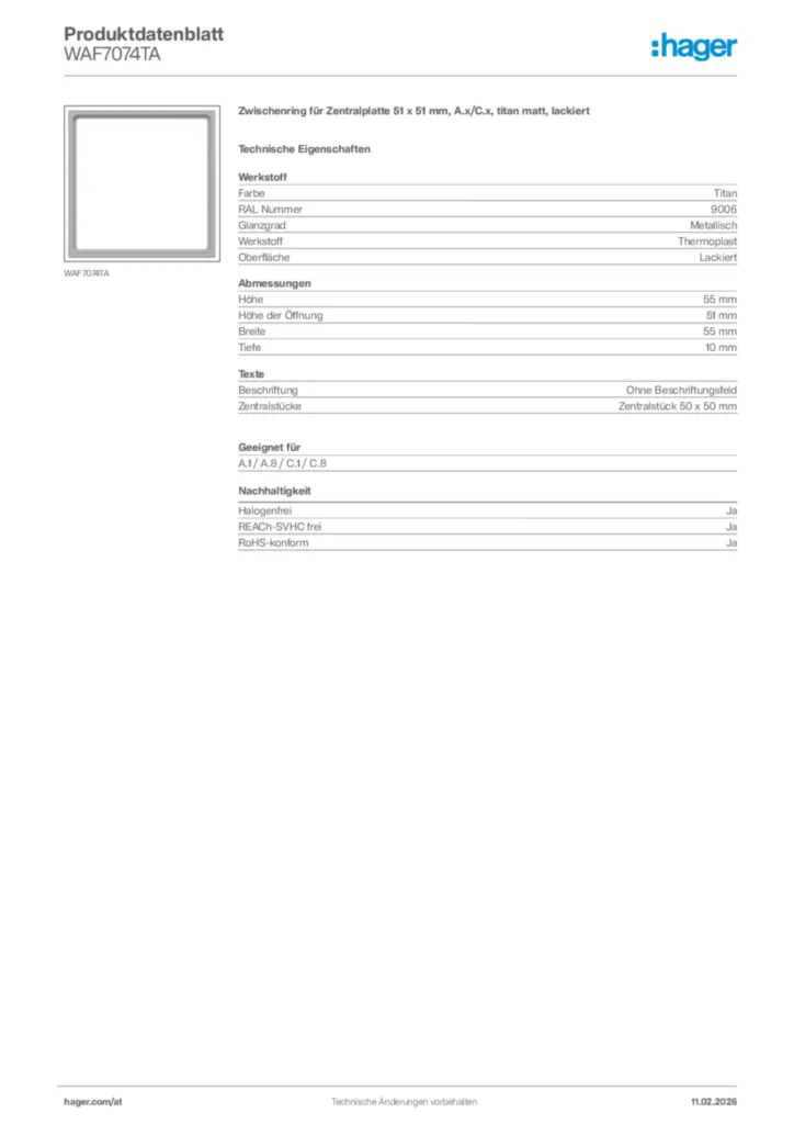 Bild Hager Produktdatenblatt WAF7074TA | Hager Deutschland
