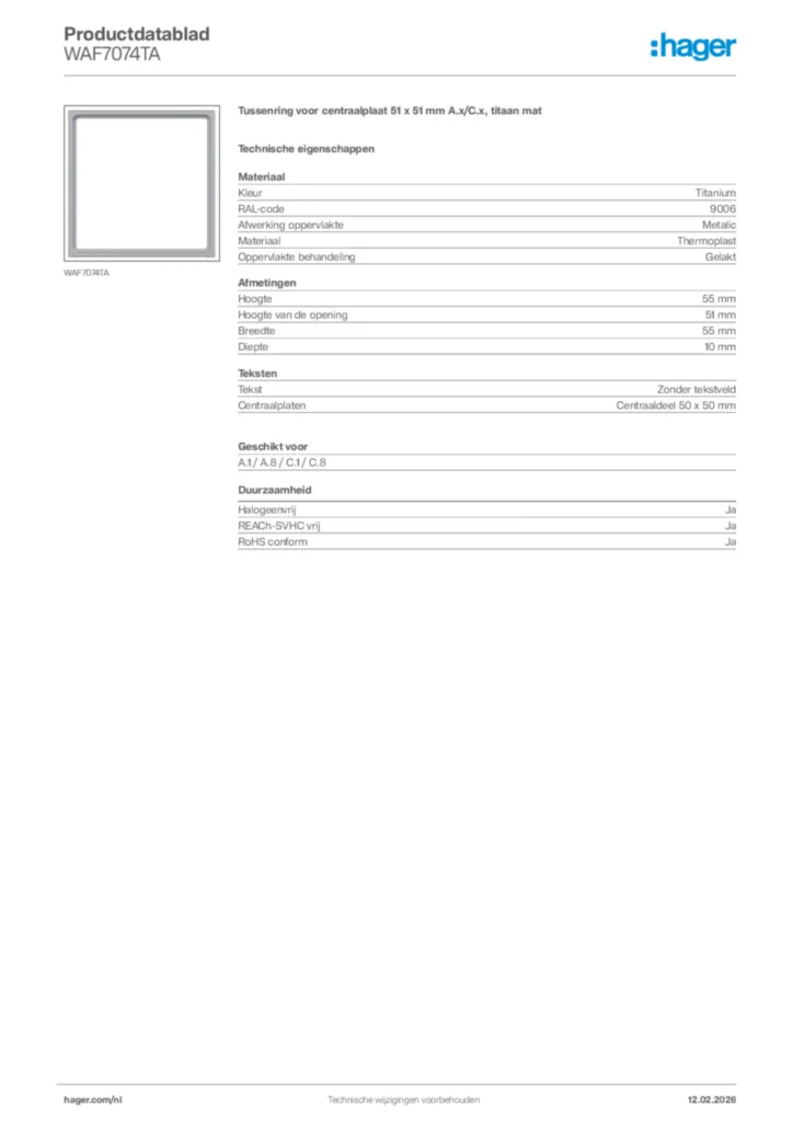 Afbeelding Hager Productdatablad WAF7074TA | Hager Nederland