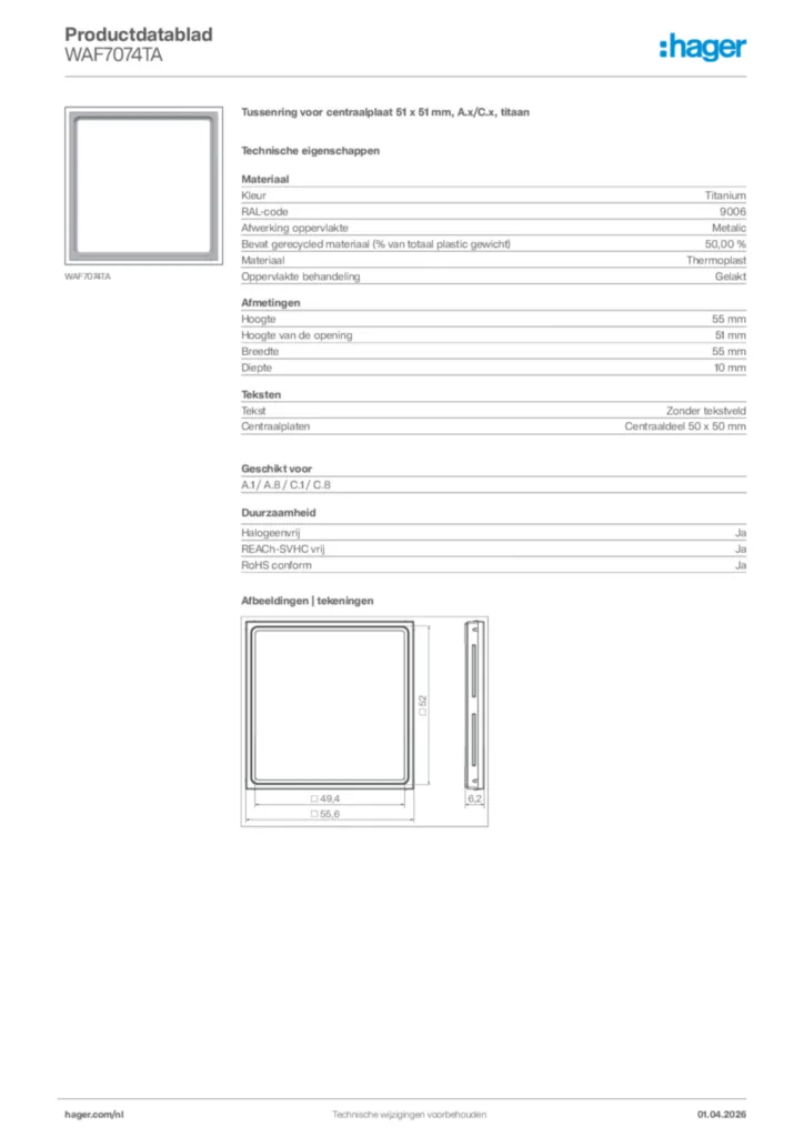 Afbeelding Hager Productdatablad WAF7074TA | Hager Nederland
