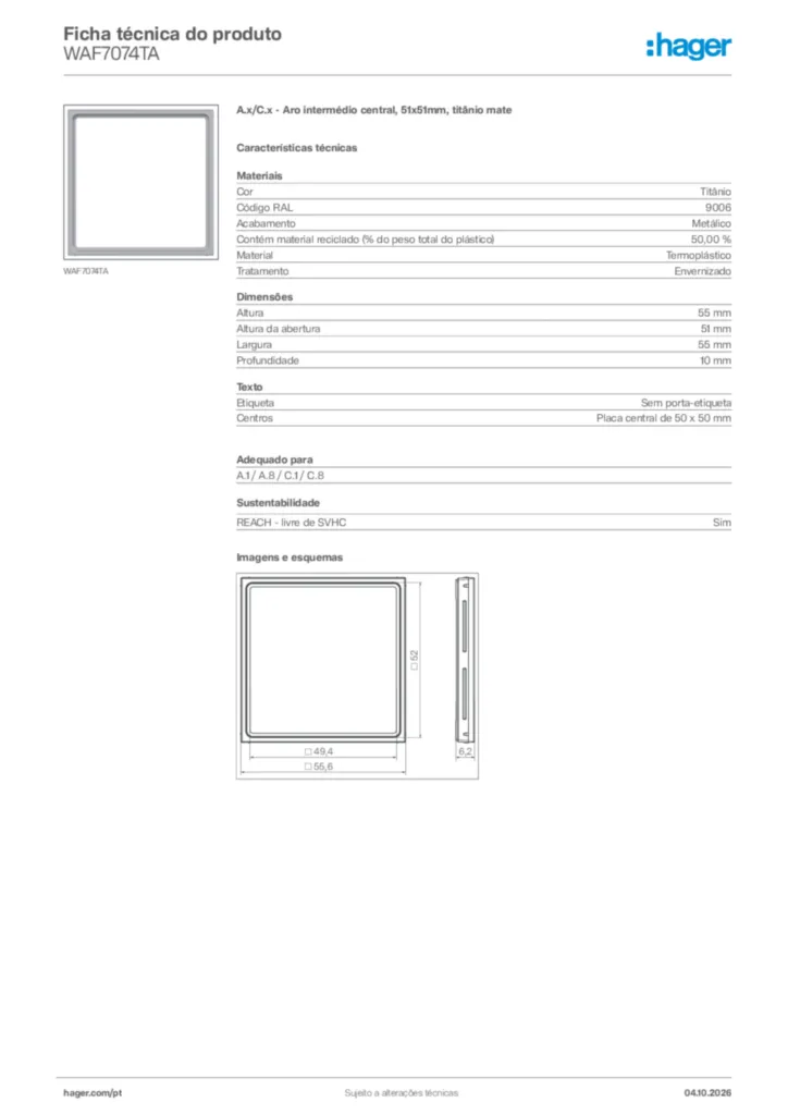 Imagem Hager Ficha técnica do produto WAF7074TA | Hager Portugal