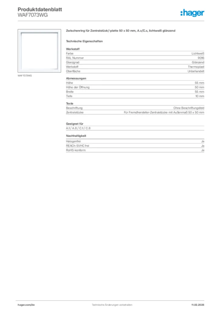 Bild Hager Produktdatenblatt WAF7073WG | Hager Deutschland