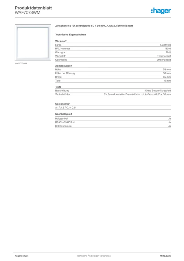 Bild Hager Produktdatenblatt WAF7073WM | Hager Deutschland