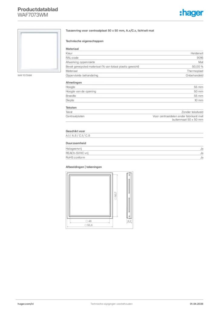Afbeelding Hager Productdatablad WAF7073WM | Hager Nederland