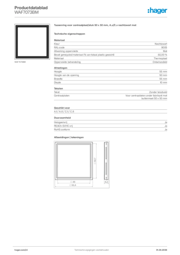 Afbeelding Hager Productdatablad WAF7073BM | Hager Nederland