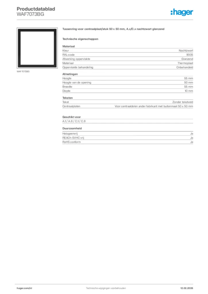 Afbeelding Hager Productdatablad WAF7073BG | Hager Nederland